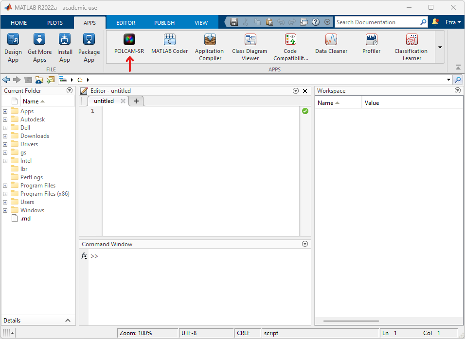 Screenshot of the MATLAB graphical user interface indicating where the POLCAM-SR App can be accessed.